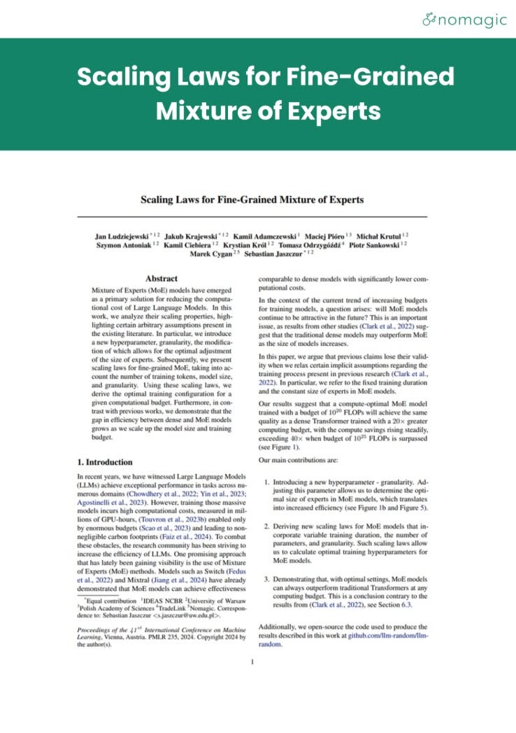 research covers scaling laws for fine grained mixture of experts